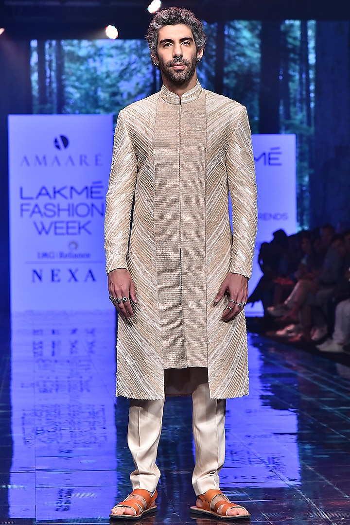 Rose Gold Embroidered Sherwani Set by Amaare