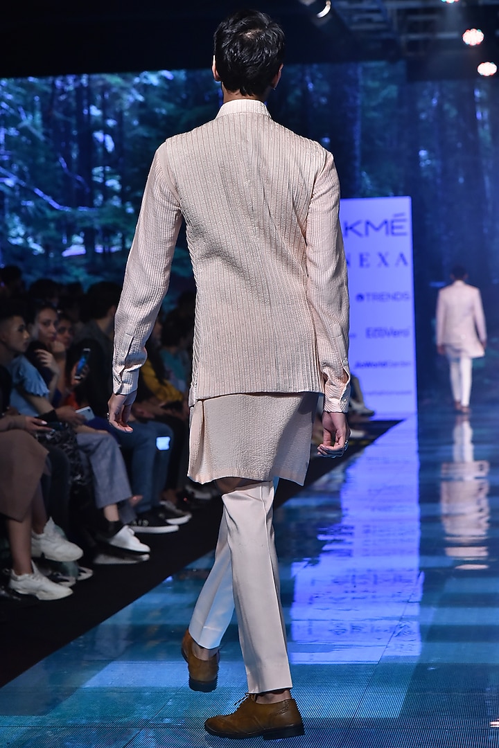 Peach Cotton Silk Embroidered Asymmetric Nehru Jacket Set by Amaare at Pernia's Pop Up Shop