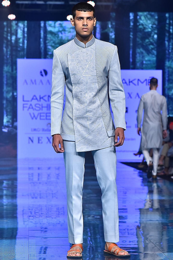 Ice Blue Embroidered Bandhgala Jacket With Trousers by Amaare