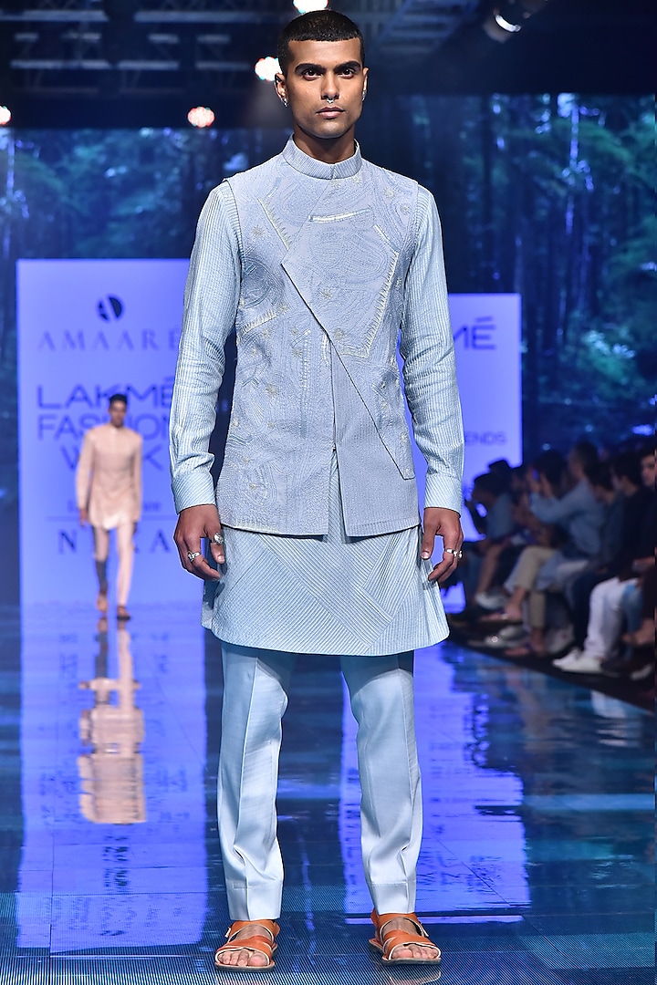 Ice Blue Embroidered Kurta Set With Nehru Jacket by Amaare