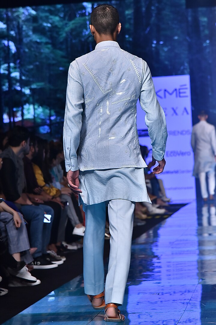 Ice Blue Embroidered Kurta Set With Nehru Jacket by Amaare at Pernia's Pop Up Shop