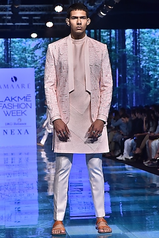 Pink Kurta Set With Embroidered Bundi Jacket by Amaare