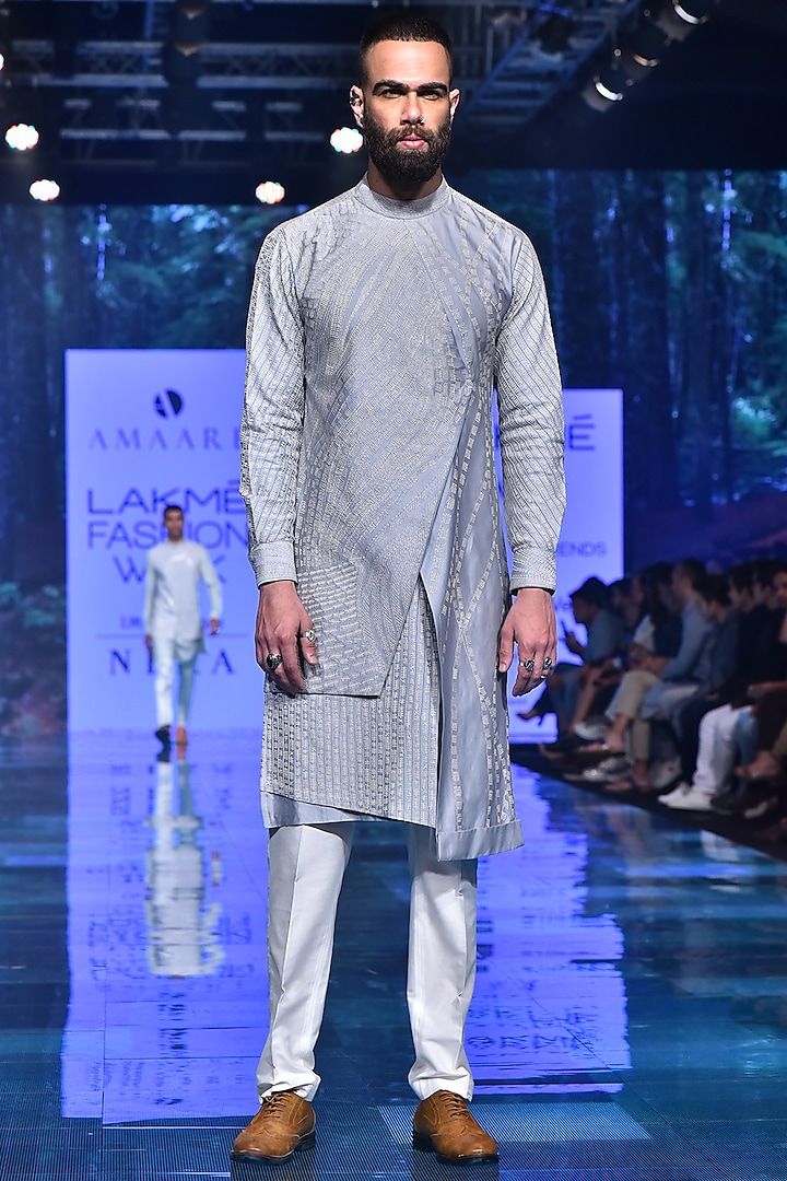 Ice Blue Embroidered Asymmetric Kurta Set by Amaare