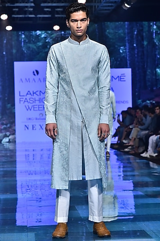 Aqua Blue Embroidered Asymmetric Kurta Set by Amaare