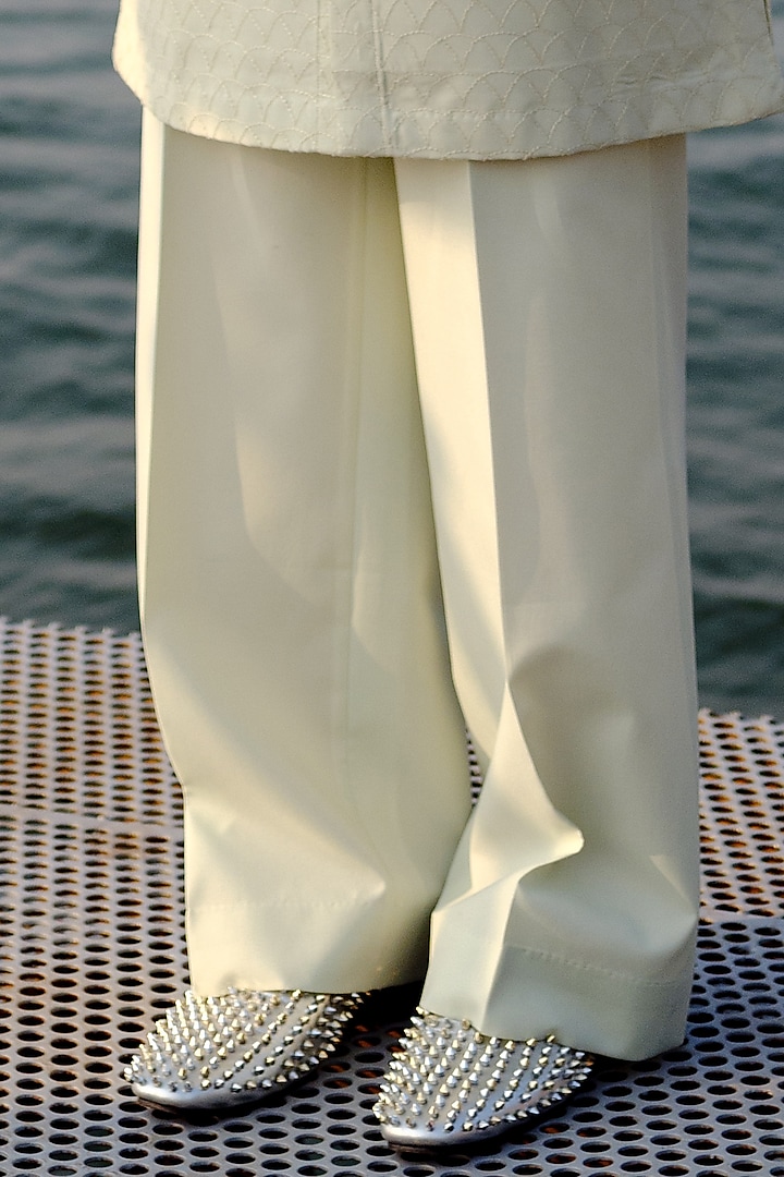 Green Habutai Silk Hand Embroidered Groom Indowestern Set by Amaare at Pernia's Pop Up Shop