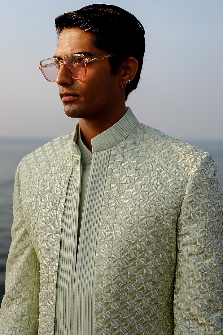 Green Habutai Silk Hand Embroidered Groom Indowestern Set by Amaare at Pernia's Pop Up Shop