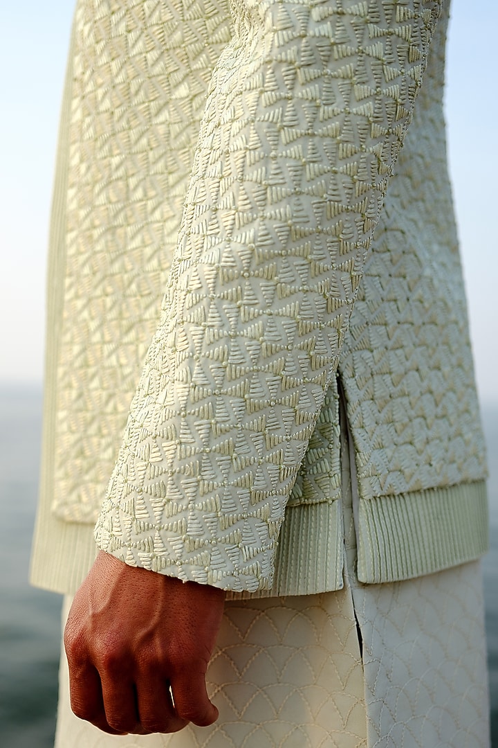 Green Habutai Silk Hand Embroidered Groom Indowestern Set by Amaare at Pernia's Pop Up Shop