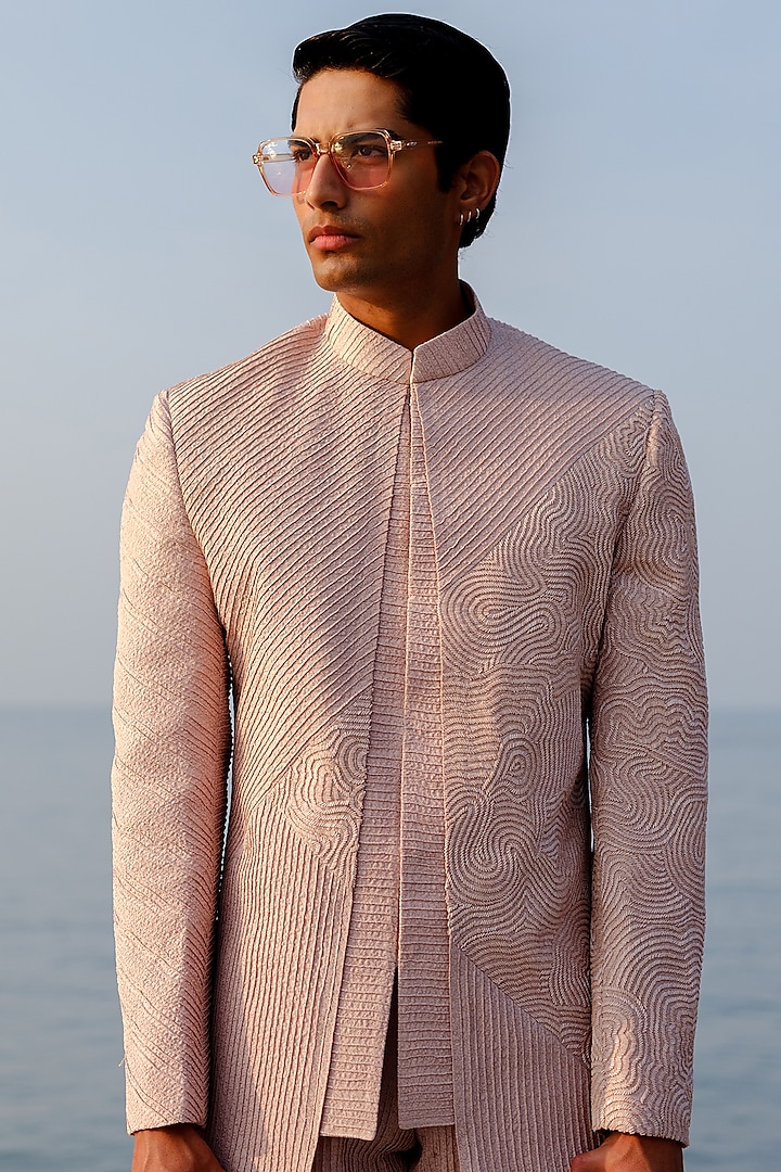 Pink Habutai Silk Glass Bead Embroidered Groom Bandhgala Set by Amaare at Pernia's Pop Up Shop