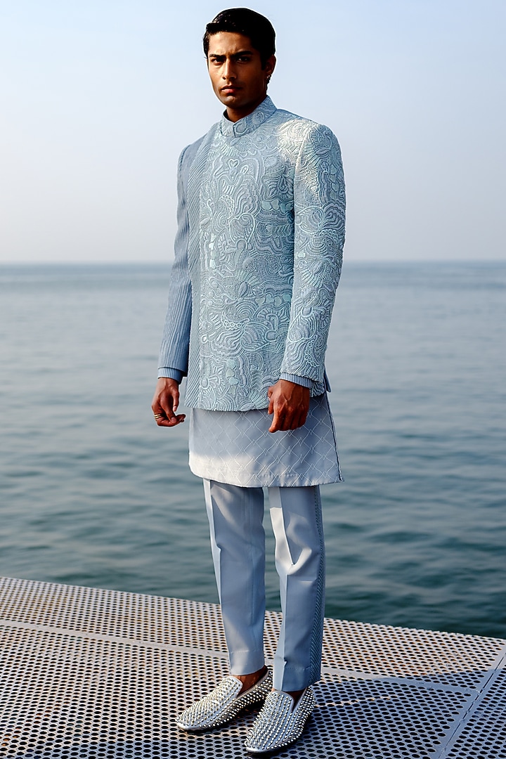 Blue Habutai Silk Hand Embroidered Groom Bandhgala Set by Amaare at Pernia's Pop Up Shop
