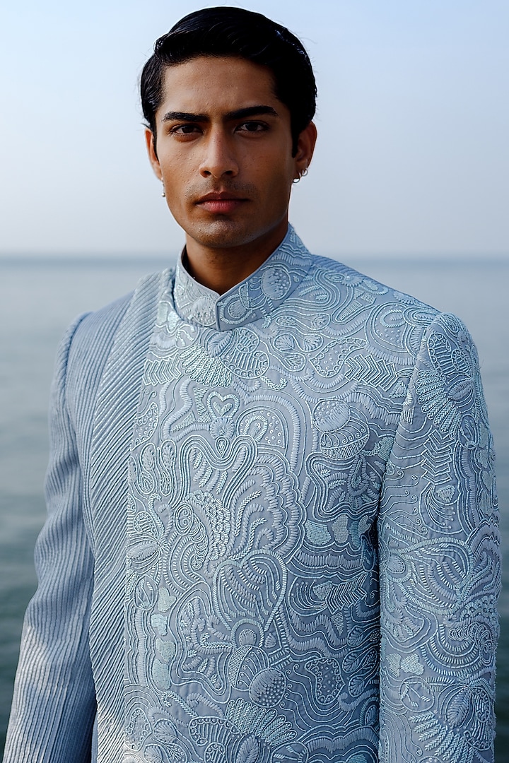 Blue Habutai Silk Hand Embroidered Groom Bandhgala Set by Amaare at Pernia's Pop Up Shop