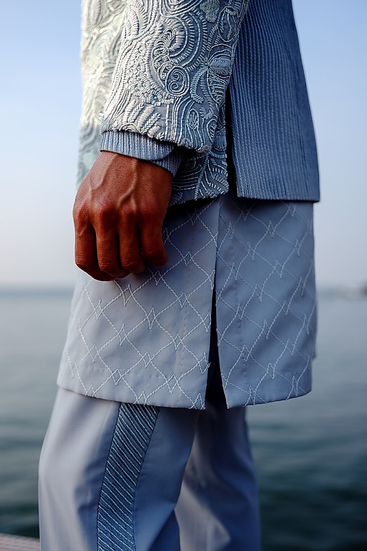 Blue Habutai Silk Hand Embroidered Groom Bandhgala Set by Amaare at Pernia's Pop Up Shop