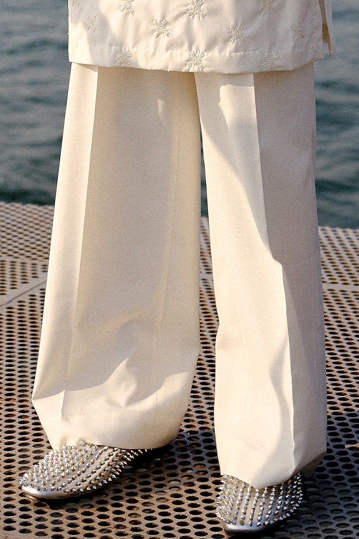 White Habutai Silk Hand Embroidered Groom Indowestern Set by Amaare at Pernia's Pop Up Shop