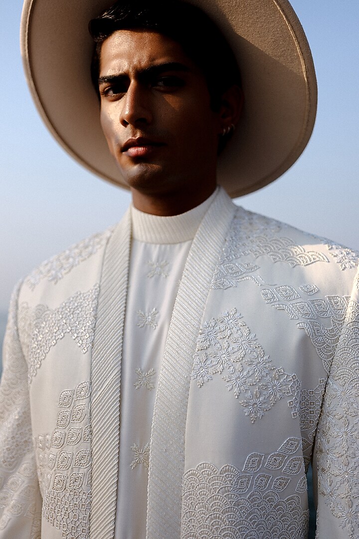 White Habutai Silk Hand Embroidered Groom Indowestern Set by Amaare at Pernia's Pop Up Shop