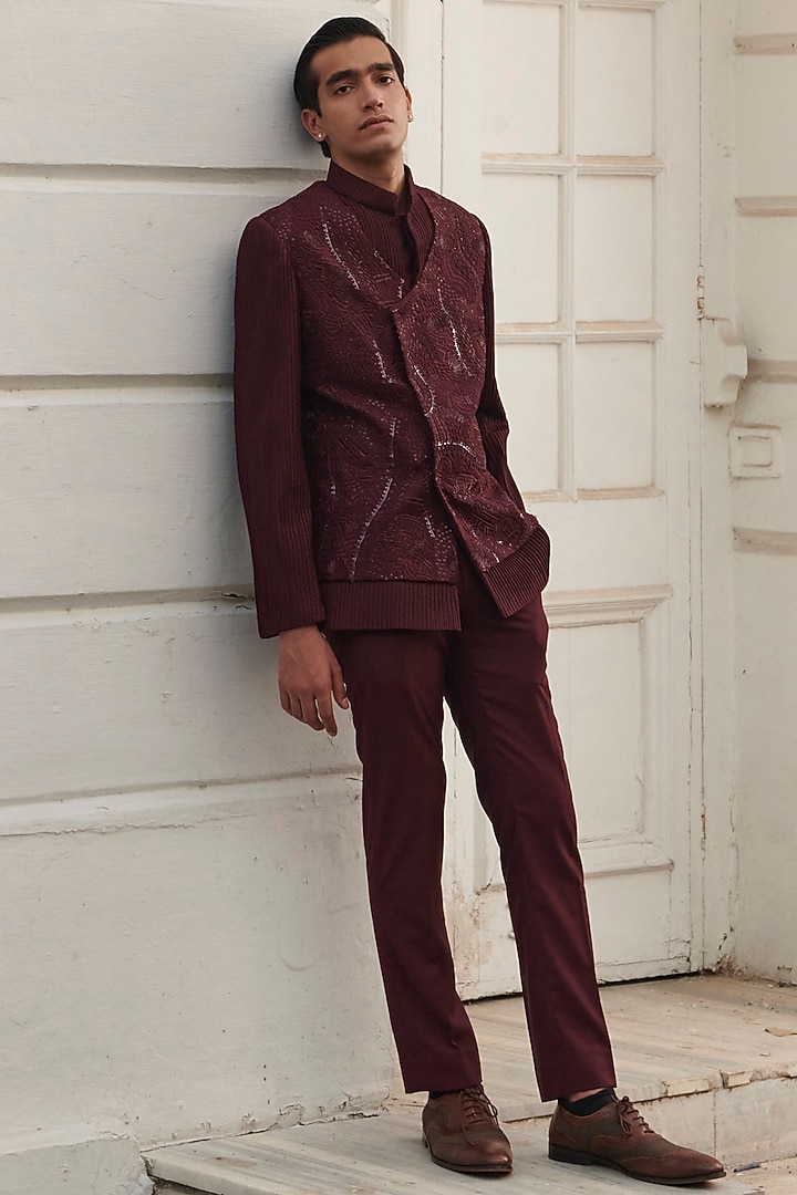 Maroon Wool Blend Hand Embroidered Bandhgala Set by Amaare at Pernia's Pop Up Shop