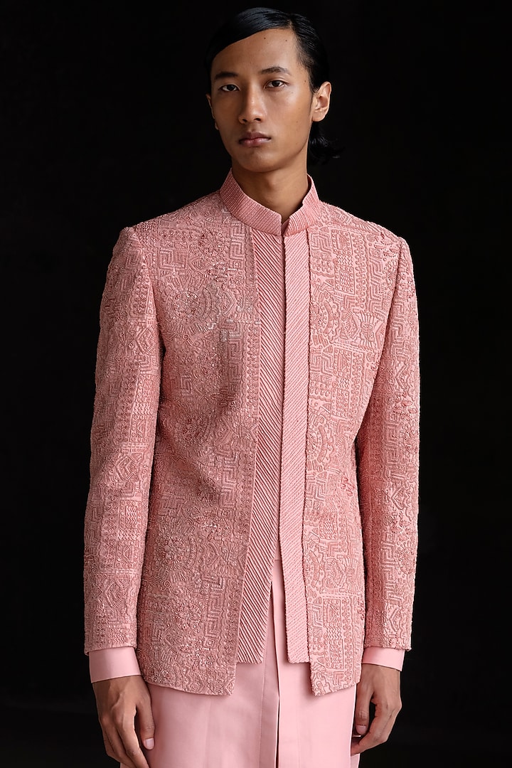 Pink Wool Blend Hand Embroidered Groom Bandhgala Set by Amaare at Pernia's Pop Up Shop