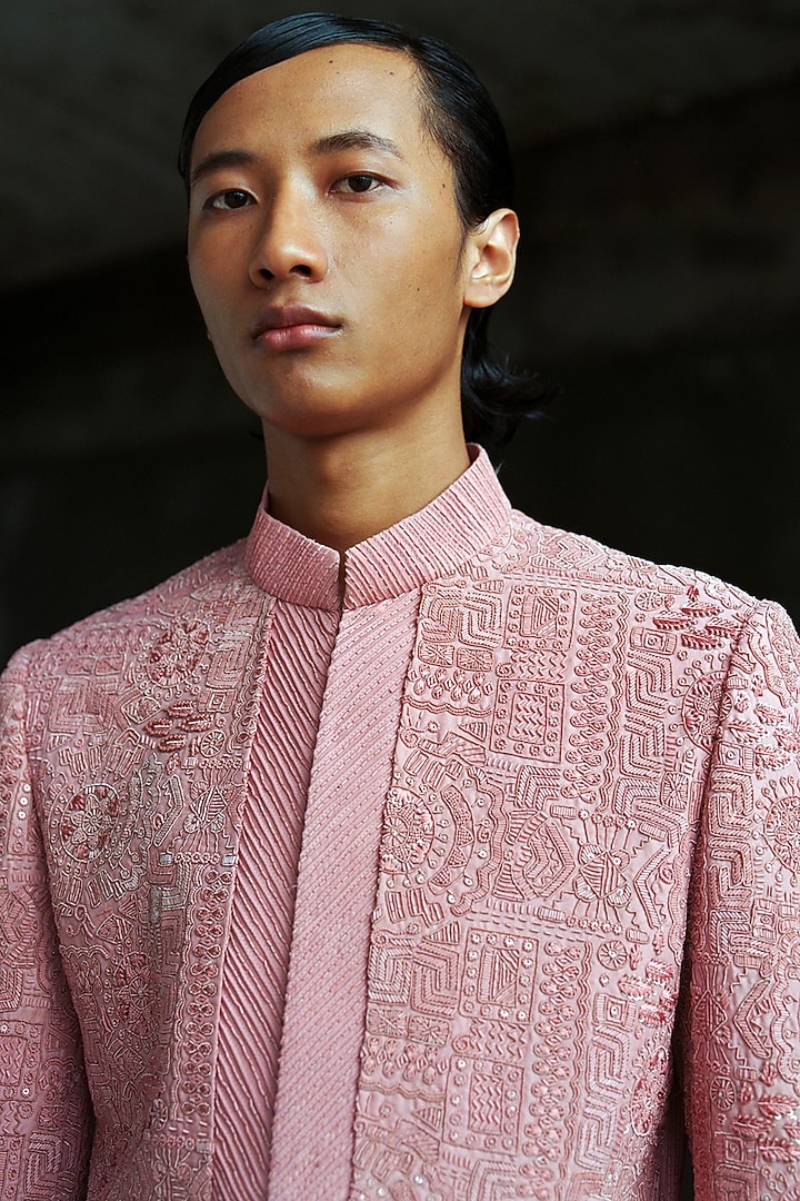 Pink Wool Blend Hand Embroidered Groom Bandhgala Set by Amaare at Pernia's Pop Up Shop