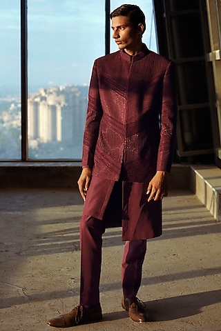Brown Wool Blend Hand Embroidered Bandhgala Set by Amaare
