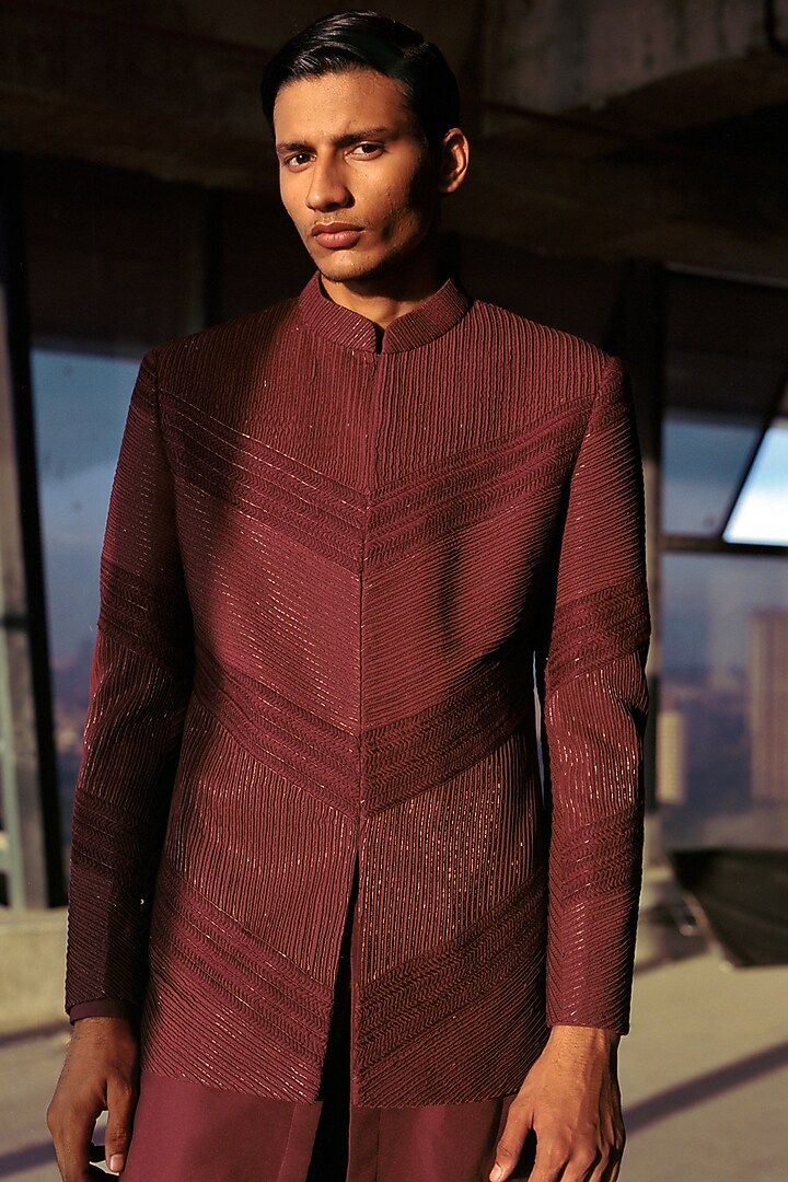 Brown Wool Blend Hand Embroidered Groom Bandhgala Set by Amaare at Pernia's Pop Up Shop