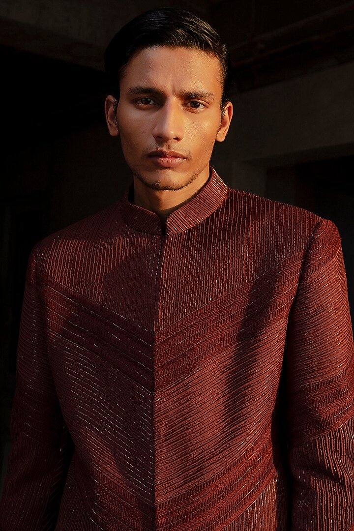 Brown Wool Blend Hand Embroidered Groom Bandhgala Set by Amaare at Pernia's Pop Up Shop