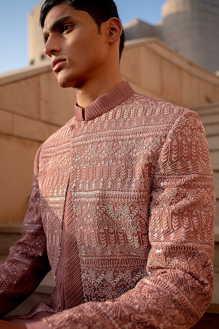 Pink Wool Blend Hand Embroidered Groom Bandhgala Set by Amaare at Pernia's Pop Up Shop