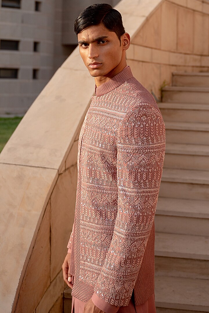 Pink Wool Blend Hand Embroidered Groom Bandhgala Set by Amaare at Pernia's Pop Up Shop