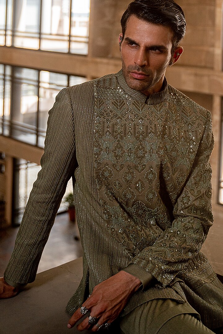 Green Wool Blend Hand Embroidered Groom Bandhgala Set by Amaare at Pernia's Pop Up Shop