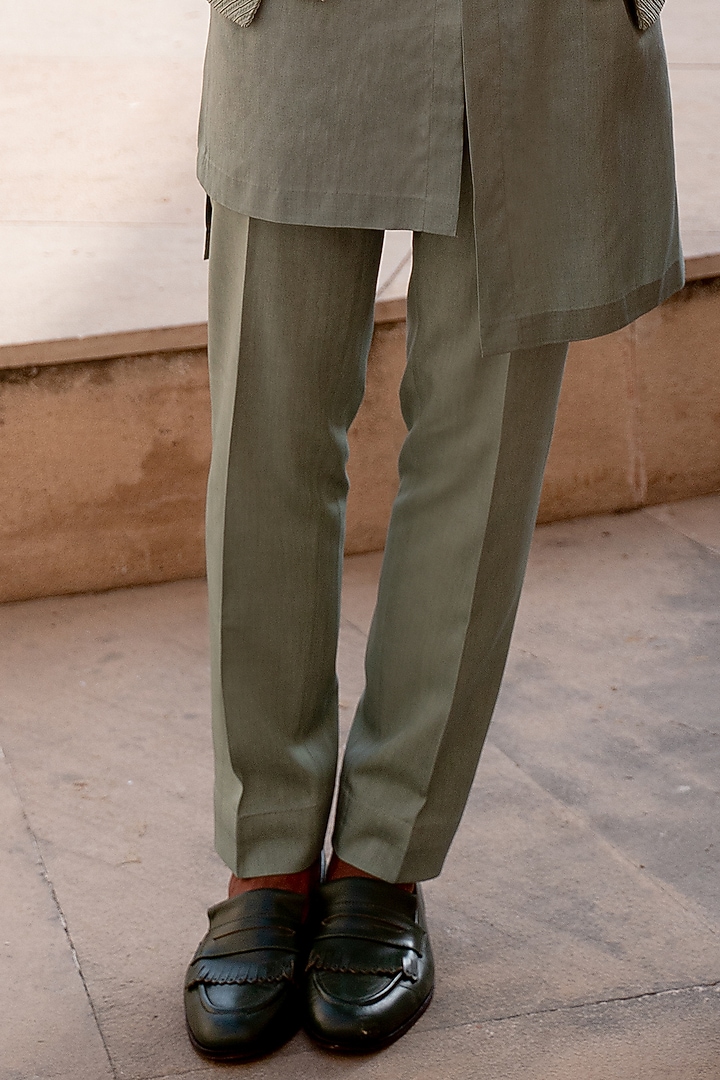 Green Wool Blend Hand Embroidered Groom Bandhgala Set by Amaare at Pernia's Pop Up Shop