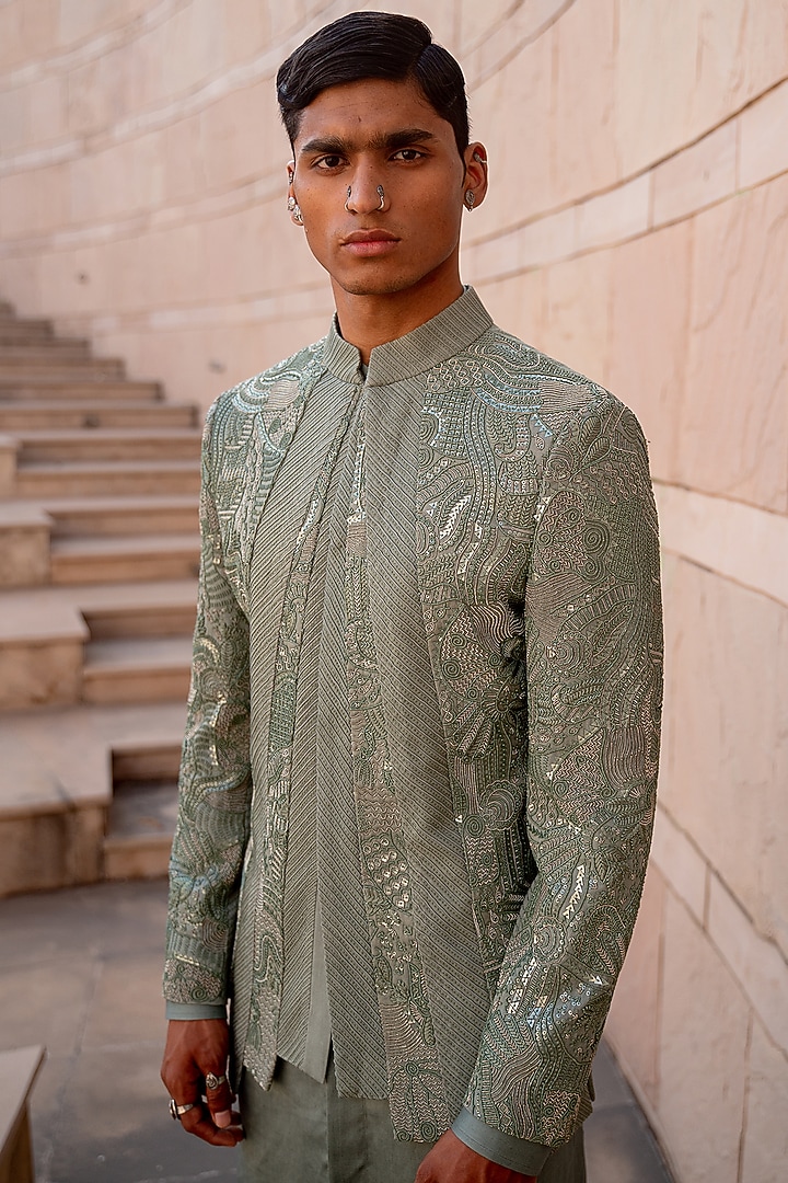Green Wool Blend Hand Embroidered Groom Bandhgala Set by Amaare at Pernia's Pop Up Shop