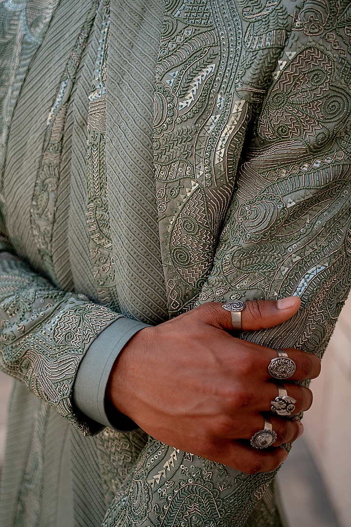 Green Wool Blend Hand Embroidered Groom Bandhgala Set by Amaare at Pernia's Pop Up Shop