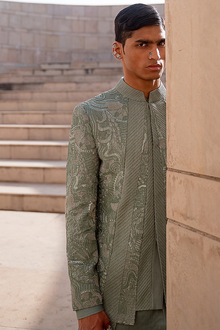 Green Wool Blend Hand Embroidered Groom Bandhgala Set by Amaare at Pernia's Pop Up Shop