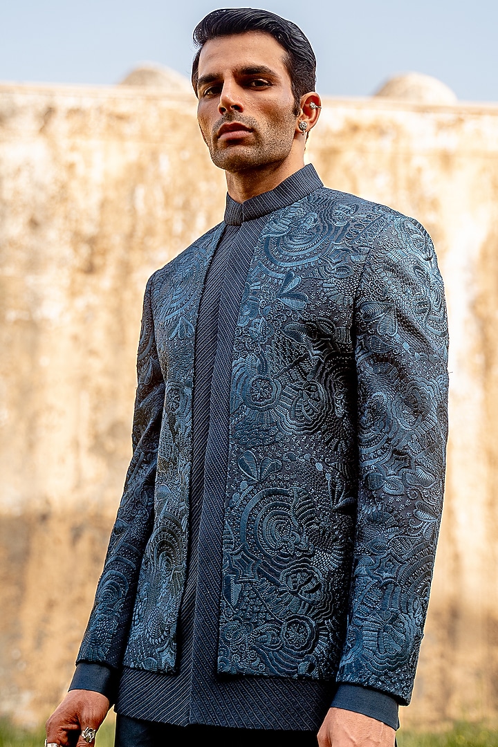 Teal Wool Blend Hand Embroidered Groom Bandhgala Set by Amaare at Pernia's Pop Up Shop