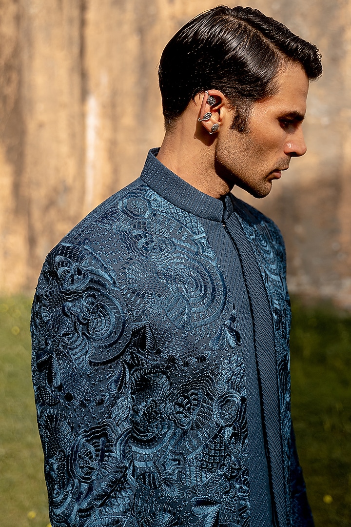 Teal Wool Blend Hand Embroidered Groom Bandhgala Set by Amaare at Pernia's Pop Up Shop
