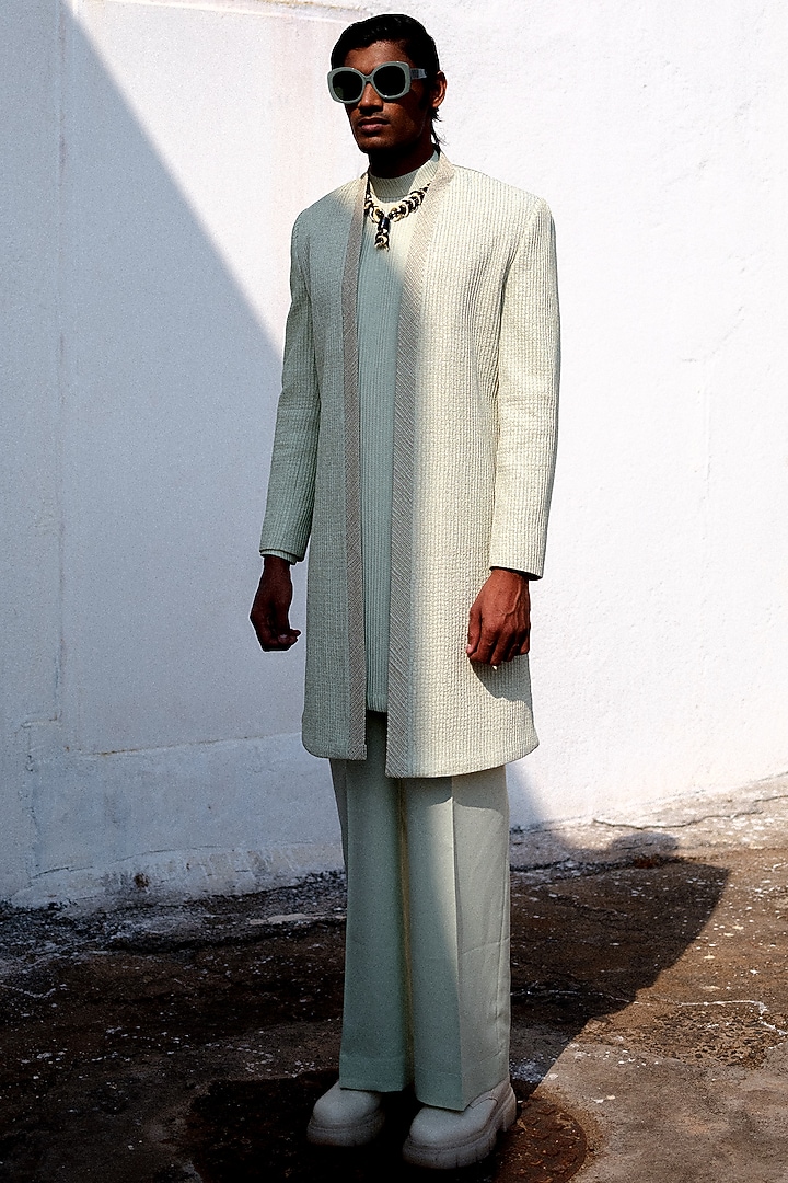 White Wool Blend Gold Zari Embroidered Groom Indowestern Set by Amaare at Pernia's Pop Up Shop