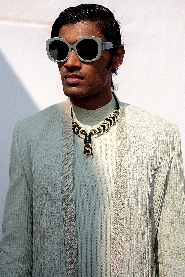White Wool Blend Gold Zari Embroidered Groom Indowestern Set by Amaare at Pernia's Pop Up Shop
