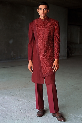 Red Wool Blend Hand Embroidered Indowestern Set by Amaare