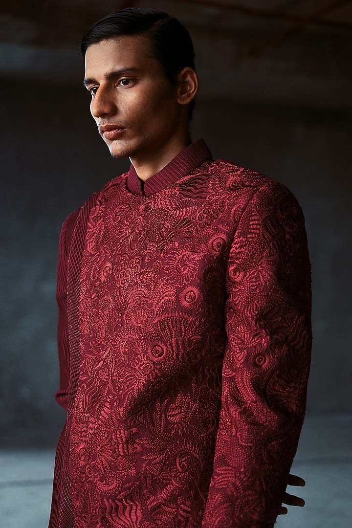 Red Wool Blend Hand Embroidered Groom Indowestern Set by Amaare at Pernia's Pop Up Shop