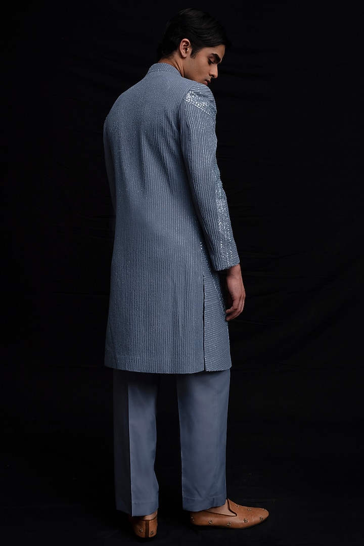Blue Wool Blend Hand Embroidered Wedding Indowestern Set by Amaare at Pernia's Pop Up Shop