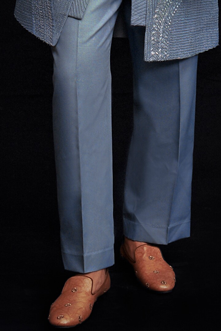 Blue Wool Blend Hand Embroidered Wedding Indowestern Set by Amaare at Pernia's Pop Up Shop
