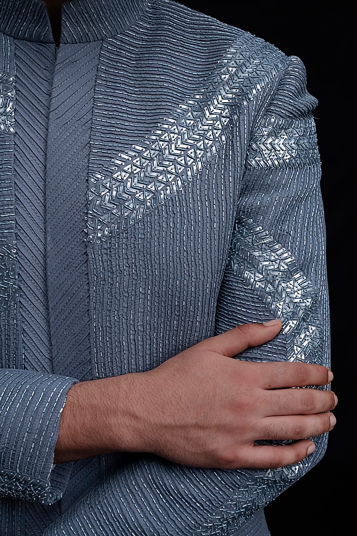 Blue Wool Blend Hand Embroidered Wedding Indowestern Set by Amaare at Pernia's Pop Up Shop