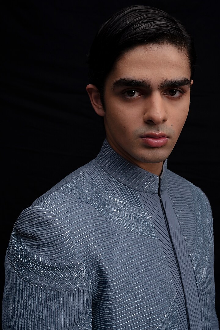 Blue Wool Blend Hand Embroidered Wedding Indowestern Set by Amaare at Pernia's Pop Up Shop