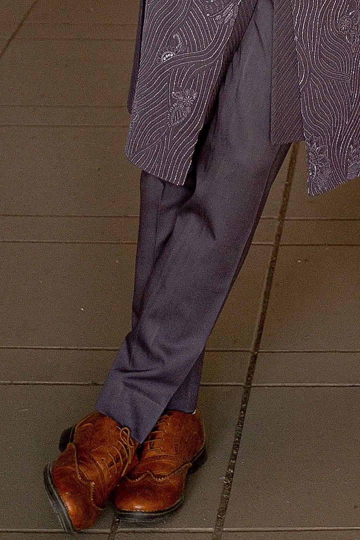 Grey Wool Blend Hand Embroidered Groom Indowestern Set by Amaare at Pernia's Pop Up Shop