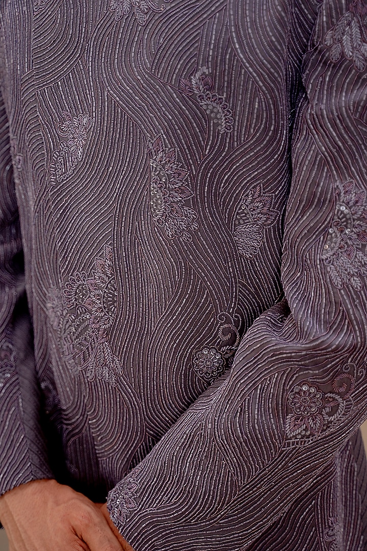 Grey Wool Blend Hand Embroidered Groom Indowestern Set by Amaare at Pernia's Pop Up Shop