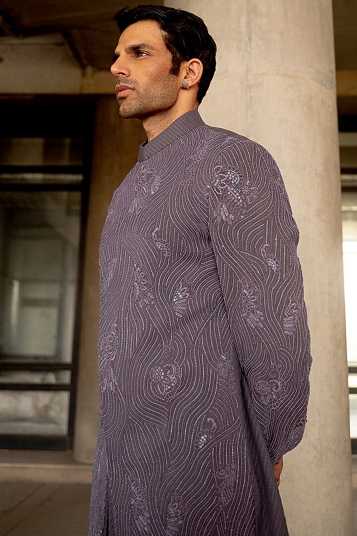 Grey Wool Blend Hand Embroidered Groom Indowestern Set by Amaare at Pernia's Pop Up Shop