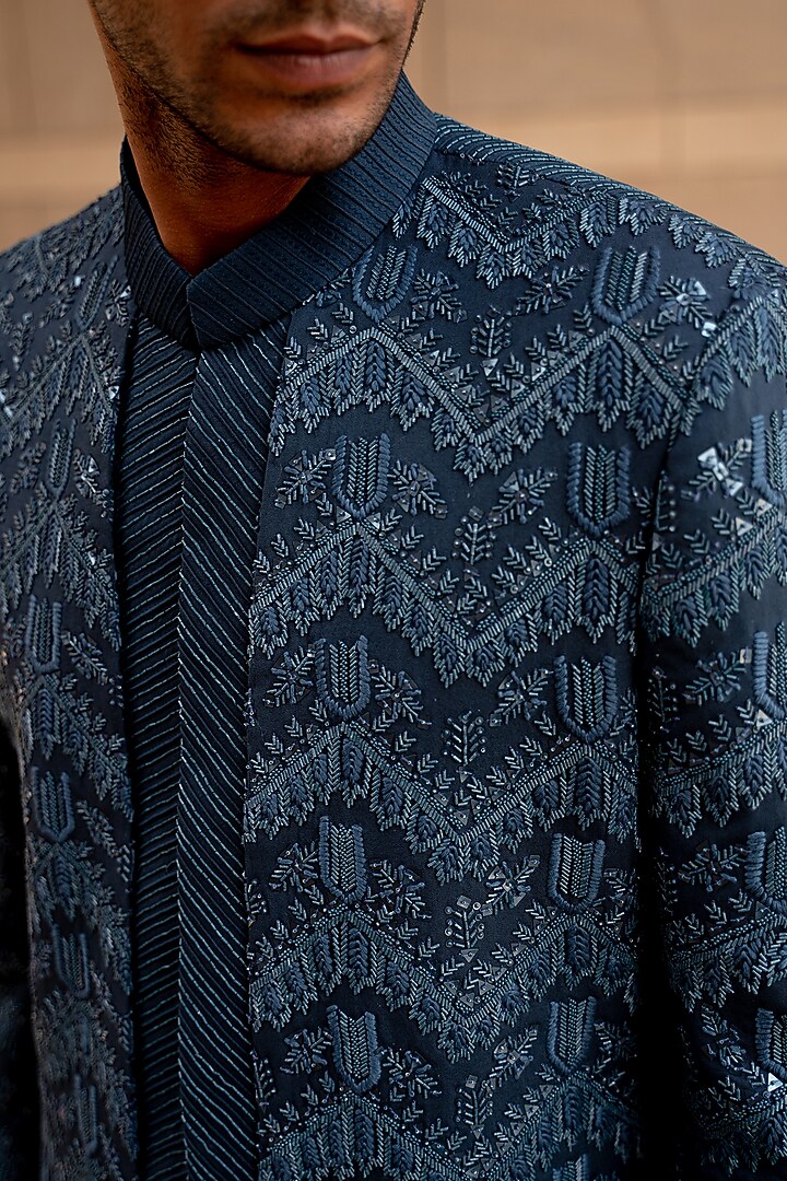 Teal Wool Blend Hand Embroidered Groom Indowestern Set by Amaare at Pernia's Pop Up Shop