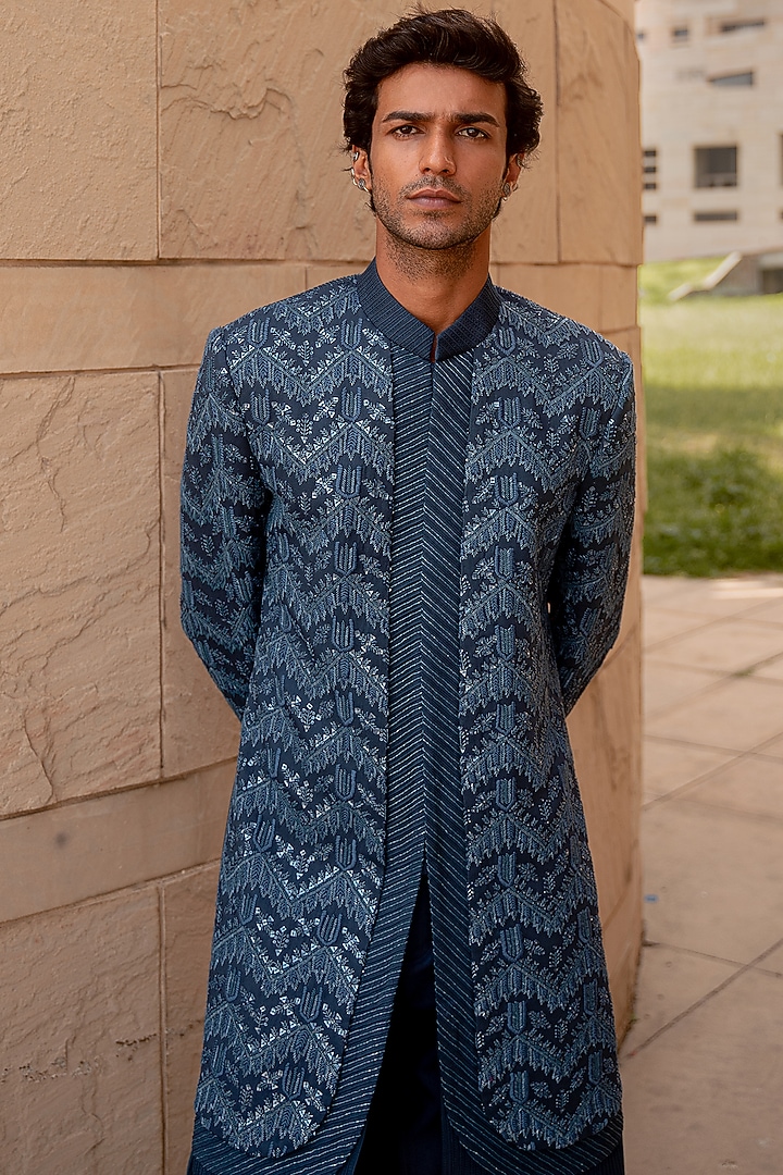 Teal Wool Blend Hand Embroidered Groom Indowestern Set by Amaare at Pernia's Pop Up Shop