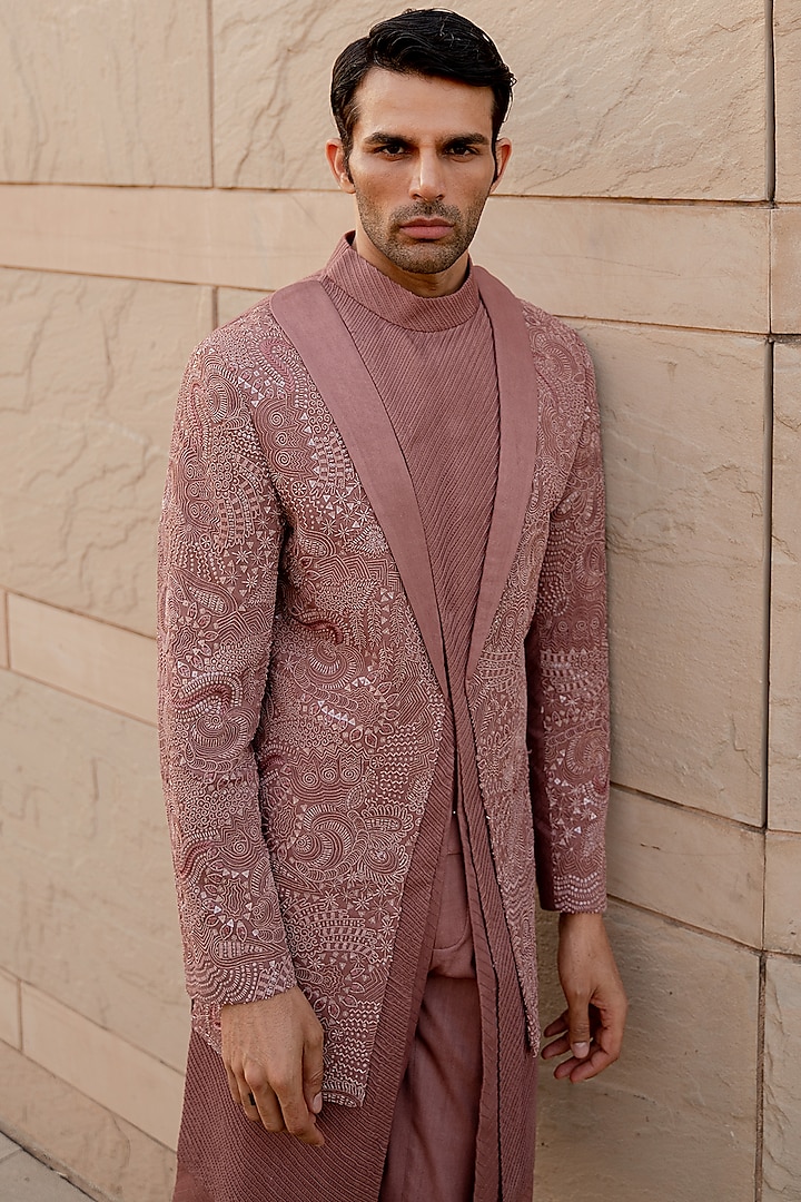 Pink Wool Blend Hand Embroidered Groom Indowestern Set by Amaare at Pernia's Pop Up Shop