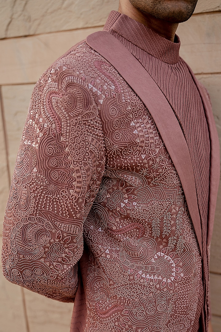 Pink Wool Blend Hand Embroidered Groom Indowestern Set by Amaare at Pernia's Pop Up Shop