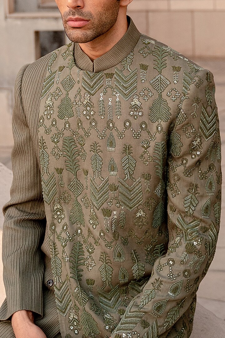 Green Wool Blend Hand Embroidered Groom Indowestern Set by Amaare at Pernia's Pop Up Shop