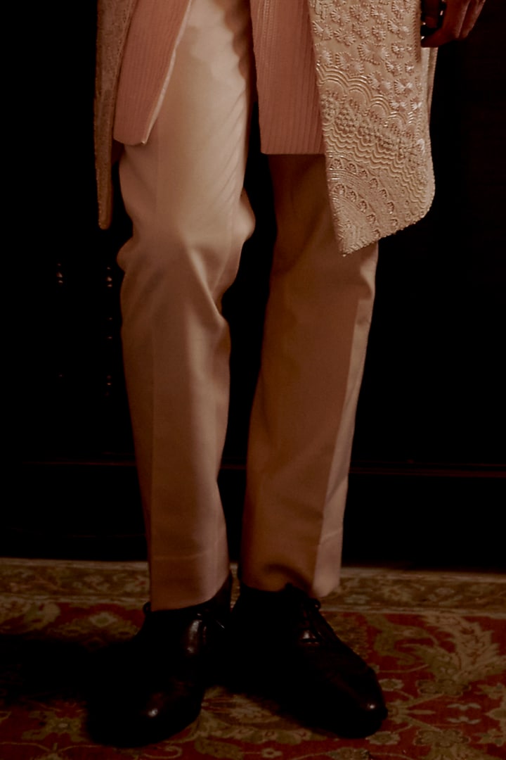 Ivory Wool Blend Hand Embroidered Groom Indowestern Set by Amaare at Pernia's Pop Up Shop