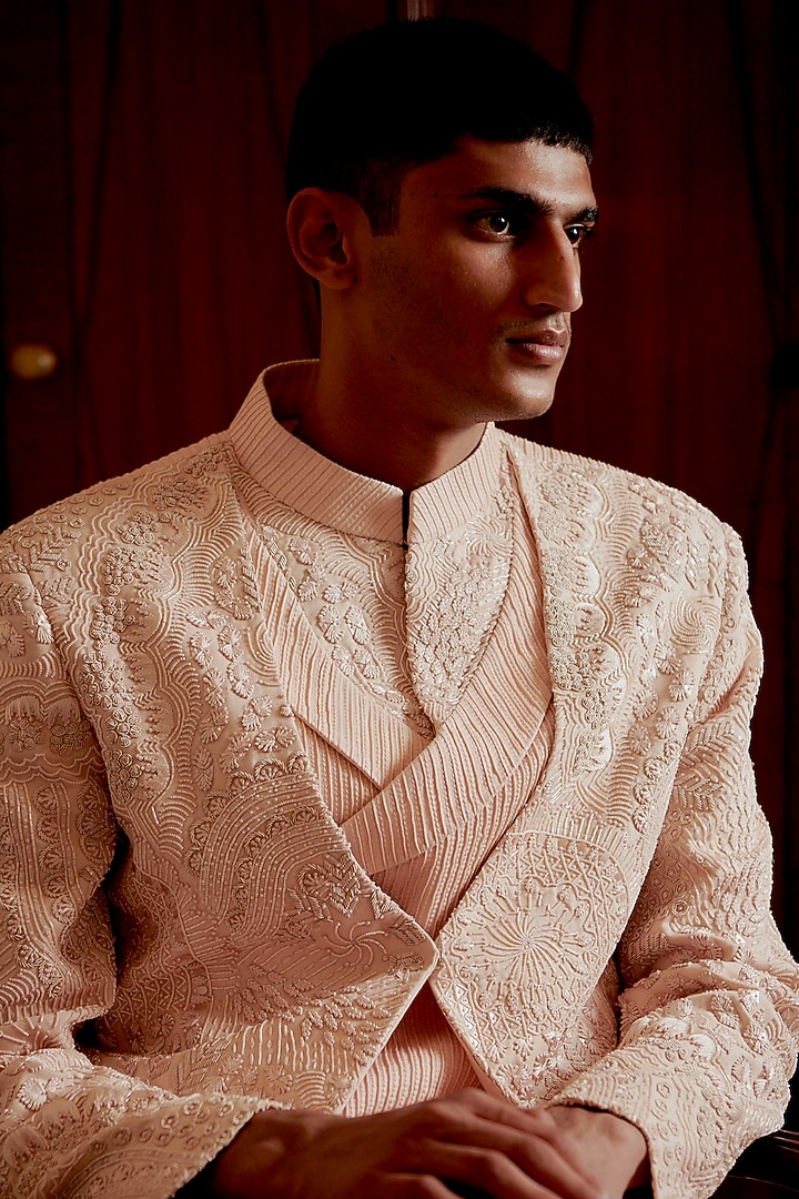 Ivory Wool Blend Hand Embroidered Groom Indowestern Set by Amaare at Pernia's Pop Up Shop